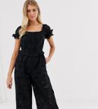 Miss Selfridge Broderie Jumpsuit With Square Neck In Black - Black