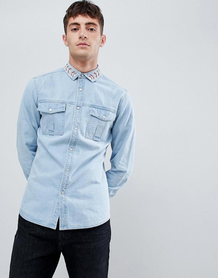 Asos Design Regular Fit Denim Shirt With Beaded Geo-tribal Collar - Blue
