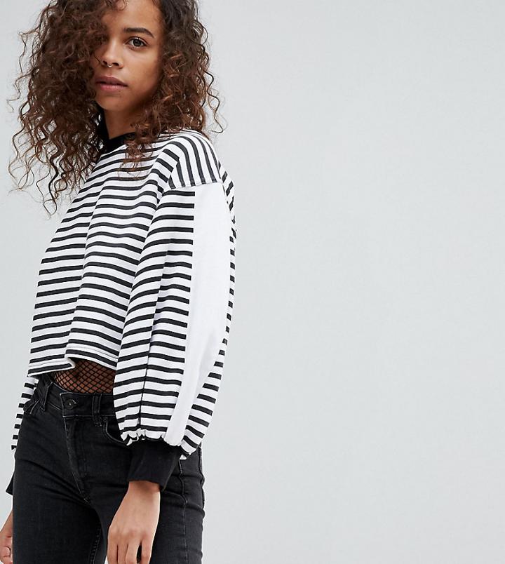 Kubban Petite Balloon Sleeve Striped Cropped Sweatshirt - Black