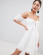 Parisian Off Shoulder Broderie Dress With Bow - White