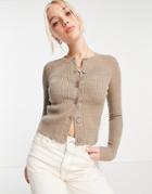 Urban Revivo Fitted Ribbed Cardigan In Beige-brown
