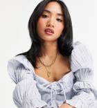 River Island Petite Gathered Long Sleeve Checked Coordinating Picnic Top In Blue-blues