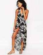 Asos Floral Palm Split Halter Beach Dress - Floral Palm