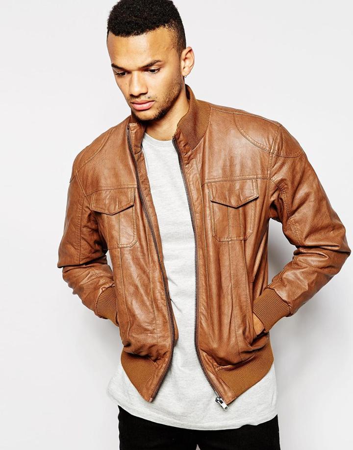Barneys Faux Leather Bomber Jacket - Tan