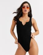 Asos Design Crinkle Notch Front Swimsuit In Black