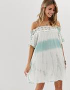 En Creme Bardot Swing Dress In Tie Dye With Lace Trim Detail - White