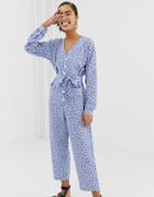 Monki Long Sleeve Jumpsuit In Heart Print In Light Blue - Black