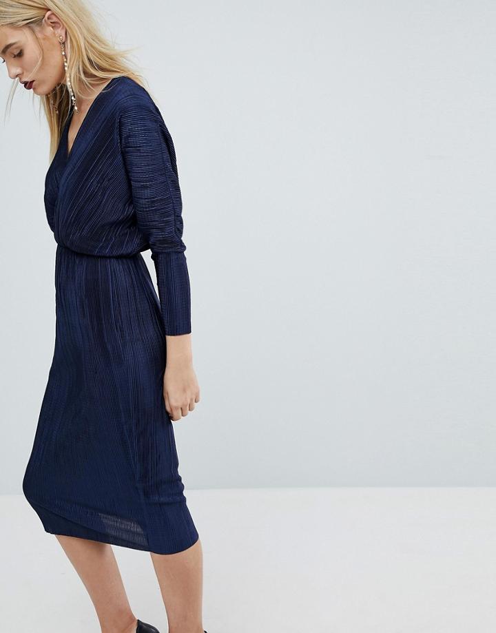 Asos Batwing V-neck Plisse Midi Dress - Navy