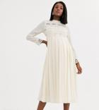 Asos Design Maternity High Neck Pleated Midi Dress With Lace Inserts-cream