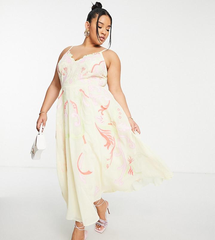 Asos Edition Curve Embroidered Applique Cami Midi Dress In Lemon-yellow