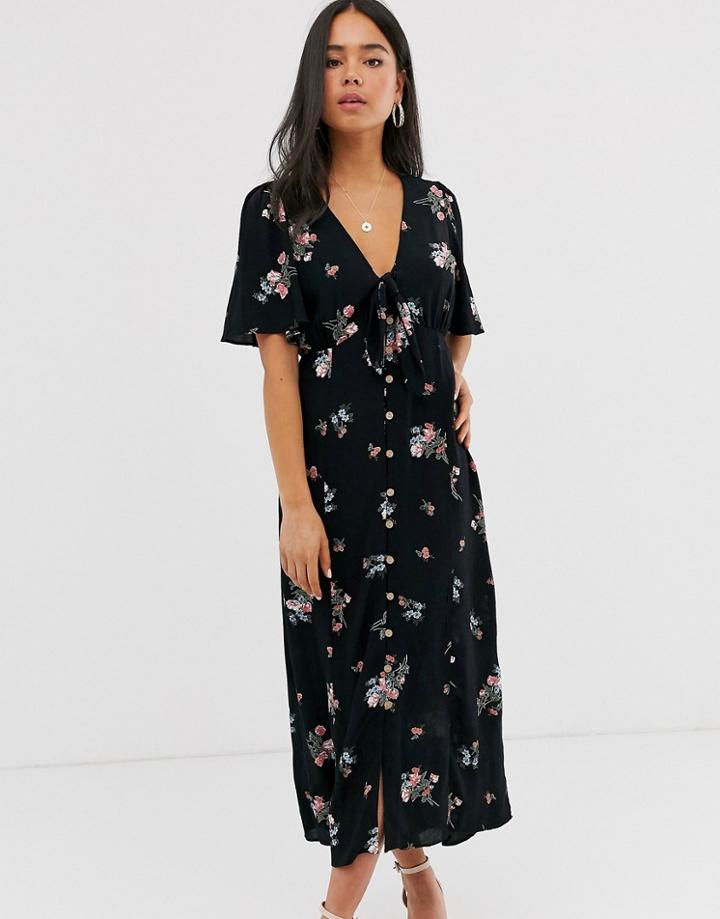 New Look Tie Front Button Down Dress In Floral Print-blue