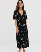 New Look Tie Front Button Down Dress In Floral Print-blue