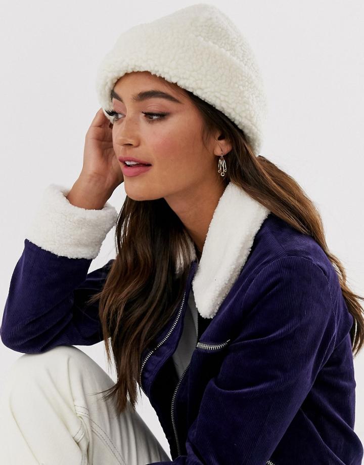 Asos Design Borg Fisherman Beanie Hat-white