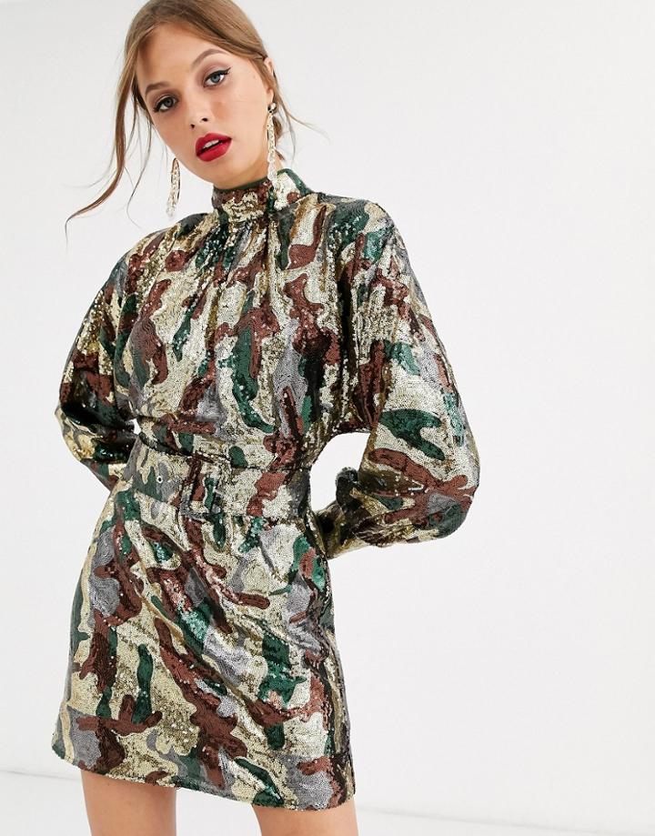 Asos Design Mini Dress In Camo Sequin In Slouchy Fit With Belt-multi