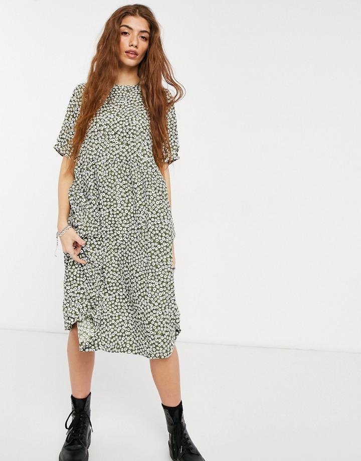 Monki Thora Floral Print Midi Smock Dress In Green