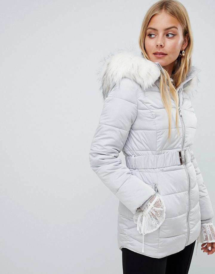 Miss Selfridge Faux Fur Collar Padded Jacket With Belt - Multi