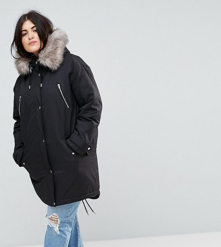 Asos Curve Parka With Snow Leopard Faux Fur Liner - Black