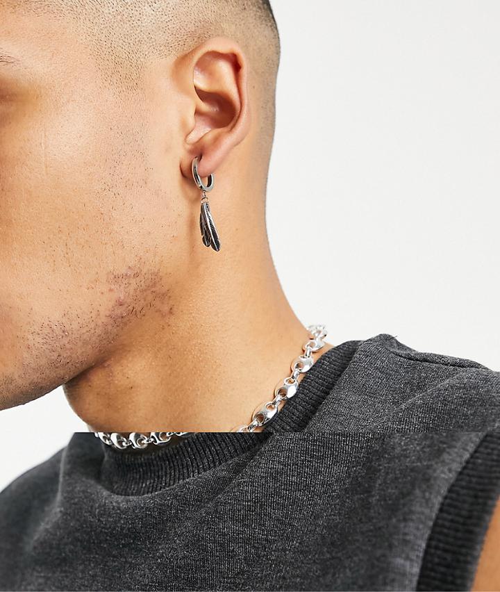 Asos Design 10mm Stainless Steel Hoop Earrings With Feather Charms In Burnished Silver Tone