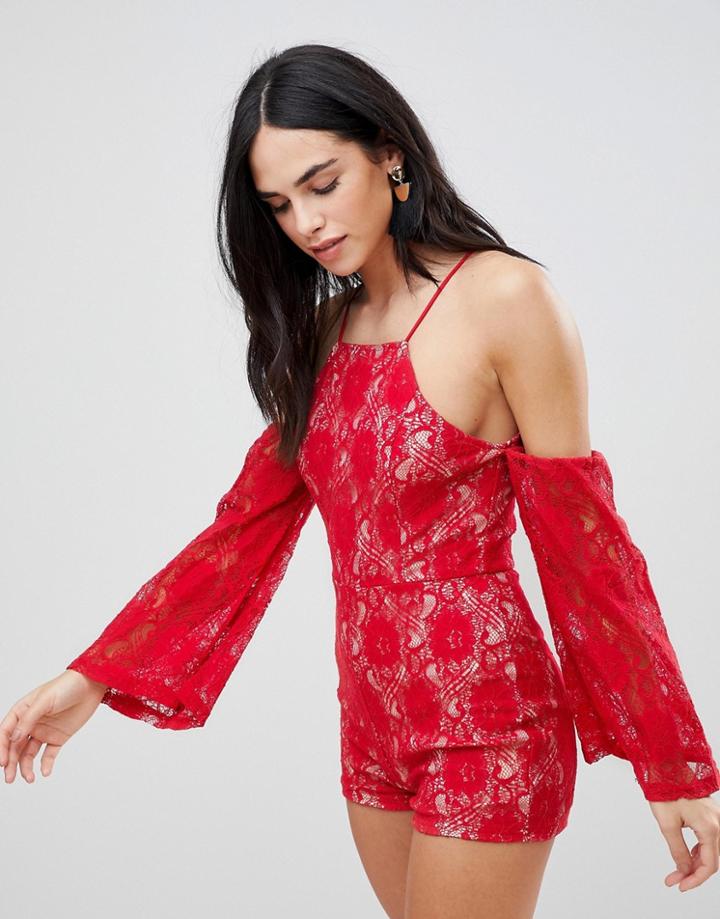 Ax Paris Lace Cold Shoulder Romper - Red