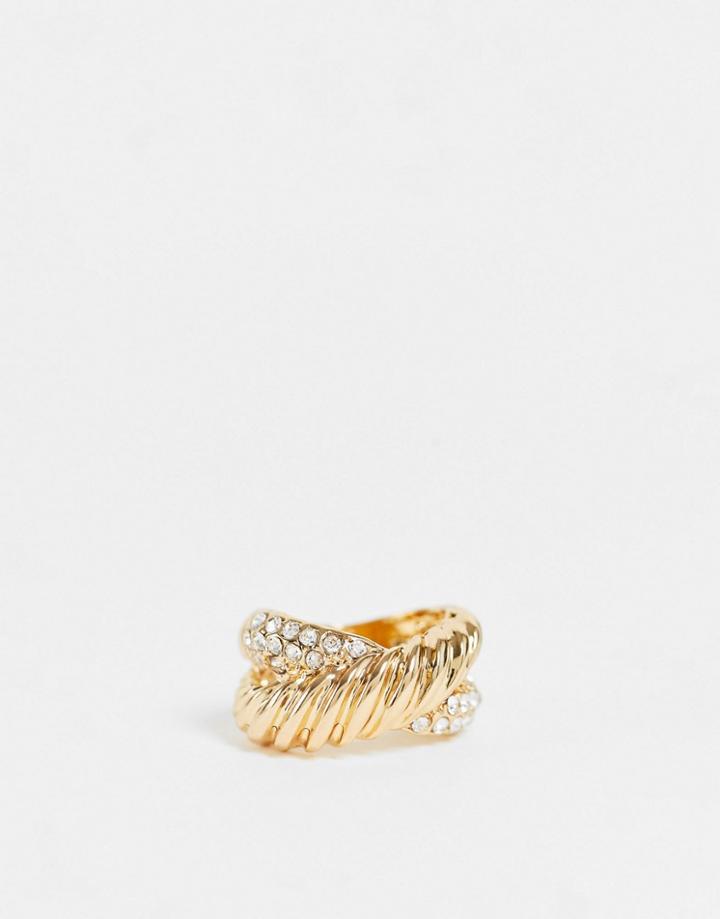 Designb London Chunky Twist Ring In Gold Pave
