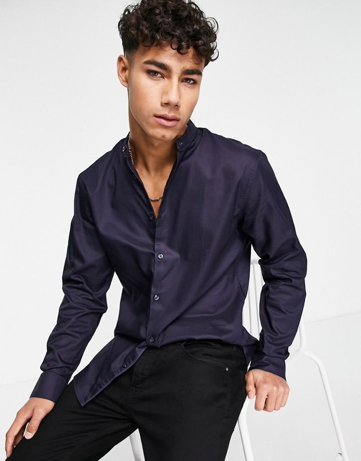 Selected Homme Shirt With Grandad Collar In Navy-blues