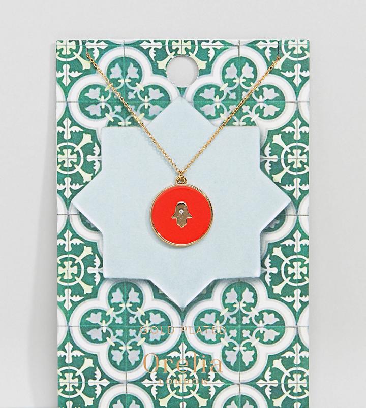 Orelia Gold Plated Enamel Hamsa Hand Necklace - Red