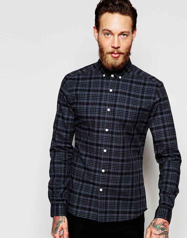 Asos Skinny Shirt With Window Check In Black With Long Sleeves - Black