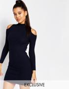 Naanaa High Knitted Cold Shoulder Body-conscious Dress - Navy