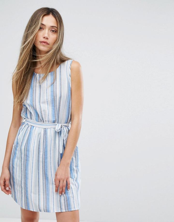 Qed London Multi Stipe Tie Waist Dress - Blue