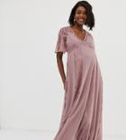 Asos Design Maternity Maxi Dress With Flutter Sleeve And All Over Lace Insert - Pink