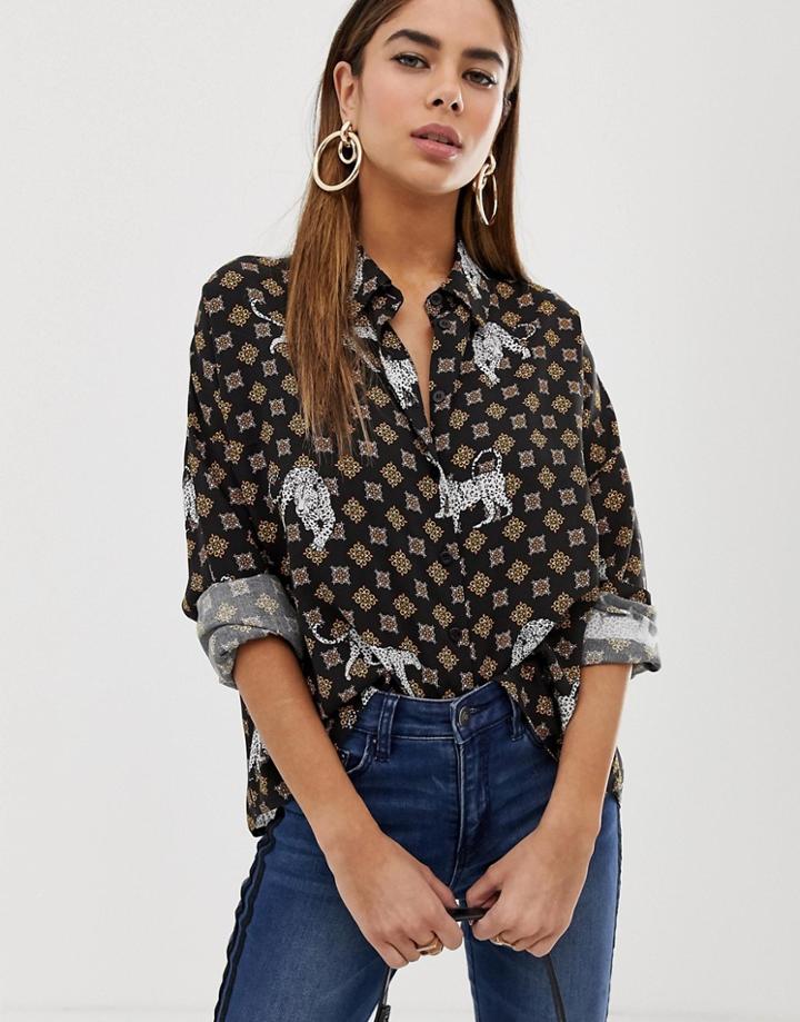 Asos Design Long Sleeve Cropped Shirt In Tile Animal Print - Multi