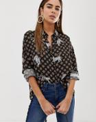 Asos Design Long Sleeve Cropped Shirt In Tile Animal Print - Multi