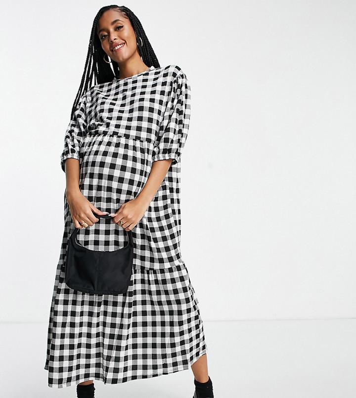 New Look Maternity Tiered Gingham Midi Dress In Black