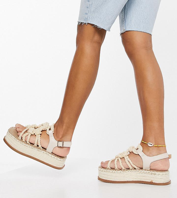 Asos Design Wide Fit Tape Rope Detail Flatform Sandals In Natural-neutral