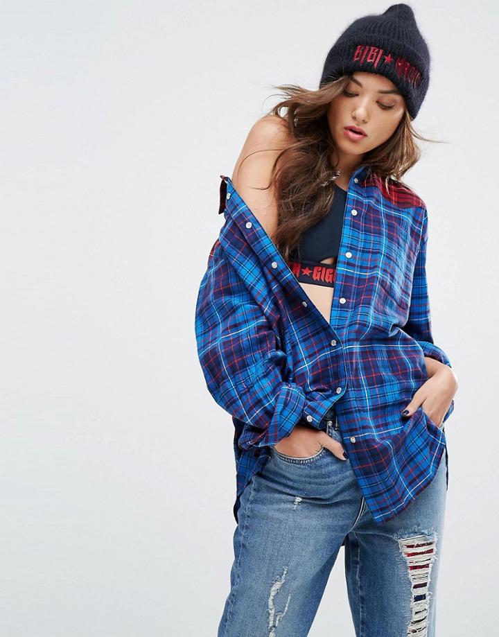 Gigi Hadid Plaid Flannel Shirt - Navy