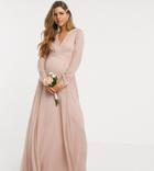 Asos Design Maternity Bridesmaid Ruched Waist Maxi Dress With Long Sleeves And Pleat Skirt In Blush-pink