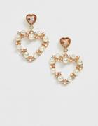Asos Design Earrings With Crystal Stud And Pearl Heart Drop In Gold Tone