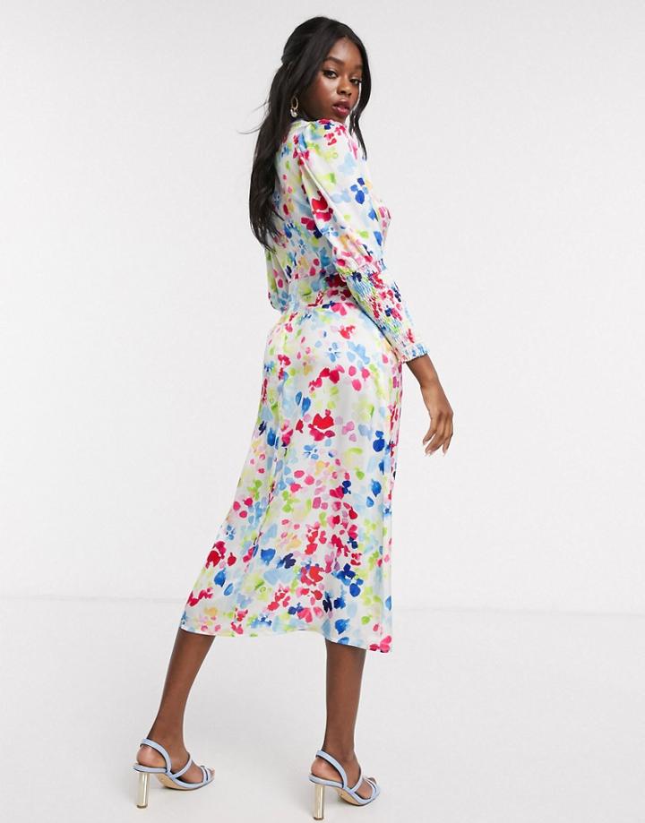 Never Fully Dressed Long Shirred Sleeve Midi Dress In Contrast Neon Fleck Print-multi