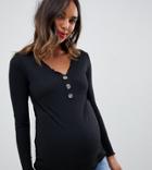 Asos Design Maternity V Neck Ribbed Top With Button Detail - Black