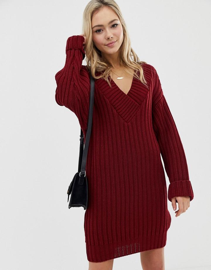 Asos Design V Neck Knitted Mini Dress In Chunky Rib - Red