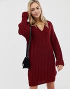 Asos Design V Neck Knitted Mini Dress In Chunky Rib - Red