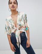Missguided Tropical Print Tie Front Top - Beige