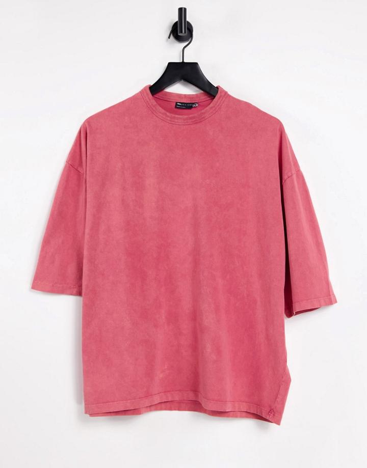 Asos Design Oversized Organic Heavyweight T-shirt With Half Sleeve In Acid Wash Red