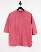 Asos Design Oversized Organic Heavyweight T-shirt With Half Sleeve In Acid Wash Red