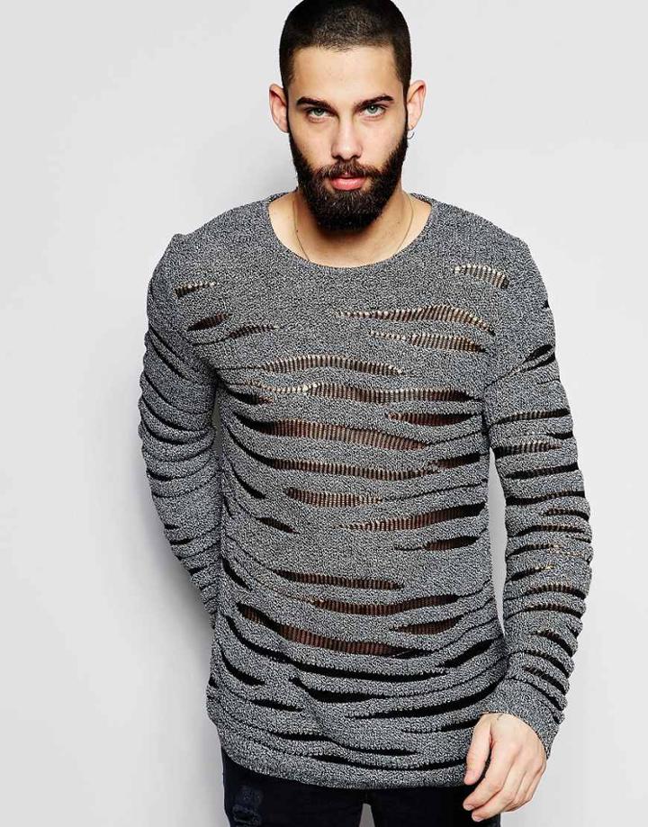 Asos Sweater With All Over Mesh Detail - Black Grey Twist