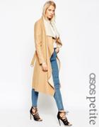 Asos Petite Coat With Waterfall Front And Belt - Camel