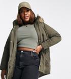 New Look Curve Parka In Khaki-green