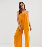 Asos Design Tall Crinkle Low Back Beach Jumpsuit With Tassel Ties In Orange - Orange