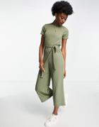 Miss Selfridge Tie Waist Rib T-shirt Jumpsuit In Khaki-brown