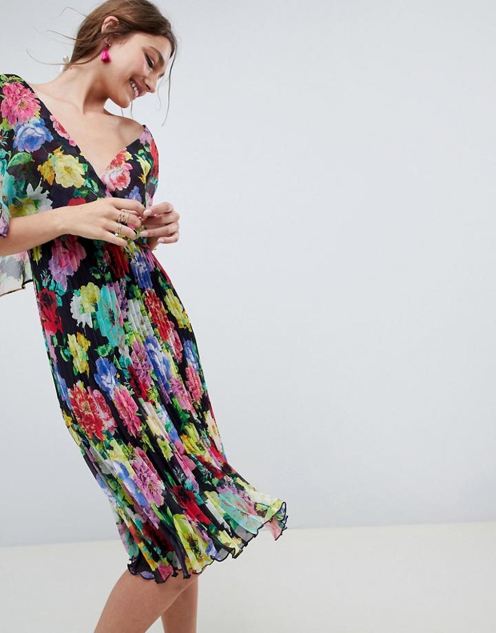 Asos Design Flutter Sleeve Midi Dress With Pleat Skirt In Floral Print - Multi